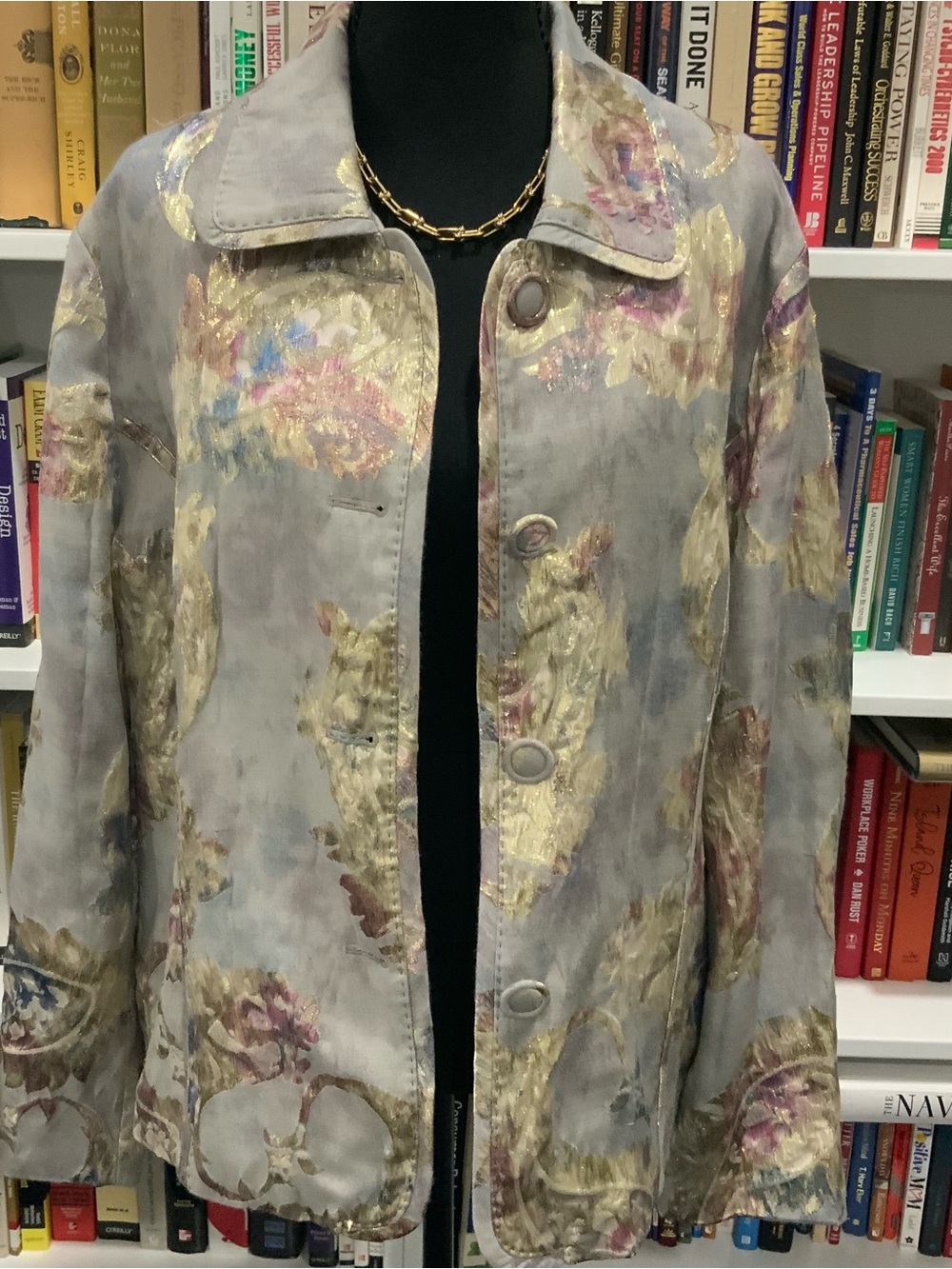 Chico's Metallic Floral Gray Blazer with Gold and Pink Accents - size 3